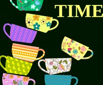 Tea Time Banner Colorful Cup Icons Flat Design