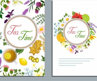 Tea Time Banner Flowers Fruits Icons Colorful Decor