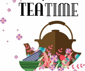 Tea Time Banner Pot Cups Flowers Icons Decor