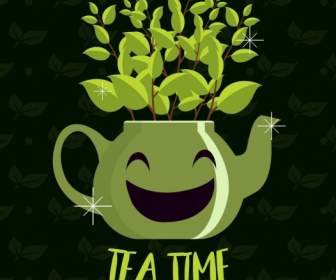 Tea Time Banner Stylized Green Pot Leaves Icons