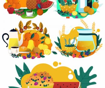 Tee-Zeit-Design-Elemente Klassische Früchte Floral Skizze