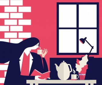 الرسم وقت الشاي الاسترخاء امرأة رمز تصميم الرسوم المتحركة