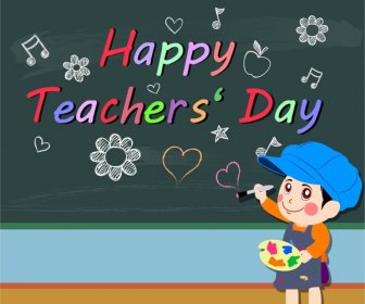 Teachers Day Banner With Pupil And Chalkboard Illustration