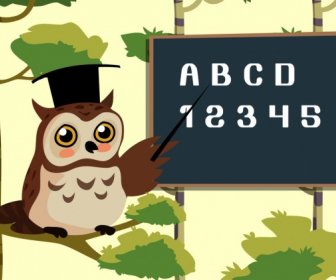 Mengajar Latar Belakang Bergaya Owl Papan Tulis Ikon Kartun Berwarna