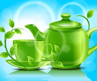 чашка чайник и зеленые листья фоне вектор