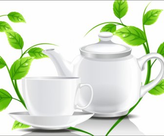 ถ้วยน้ำชากาน้ำชาและใบสีเขียวพื้นหลังเวกเตอร์