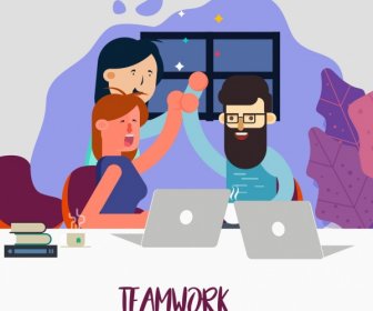 Team Work Background Cheering Employee Icons Cartoon Design