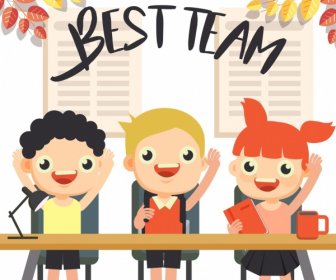 Team Work Background Cute Pupils Icons Cartoon Characters