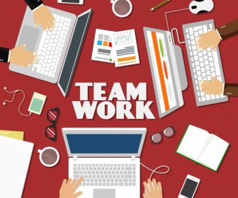 Team Work Background Laptops Hands Devices Icons Decor