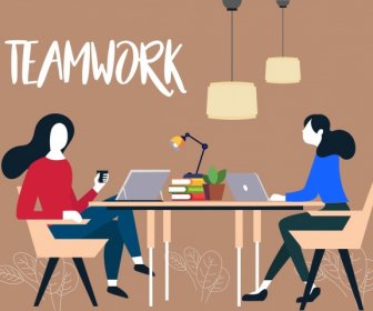 Team Work Background Working Women Icons Colored Cartoon