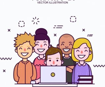 Teamwork Banner Human Icons Colored Cartoon Design