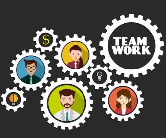 Teamwork Konzept Hintergrund Mitarbeiter Avatare Getriebe Symbole
