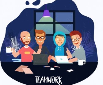 Teamwork Drawing Working Human Icons Colored Cartoon Decor