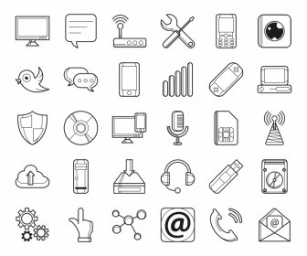 technology icon sets flat black white classic symbols sketch