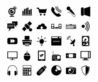 Technologie-Icon-Sets Flache Schwarz-weiße Symbole Umriss