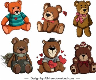 Teddy Bear Icons Collection Cute Stylized Cartoon Sketch