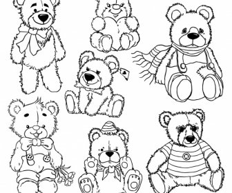 Teddy Bears Icons Black White Handdrawn Sketch