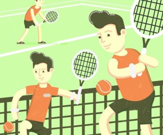 Tennis Background Male Player Icons Colored Cartoon Character