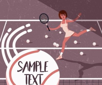 Tennis Banner Female Player Icon Colored Retro Design