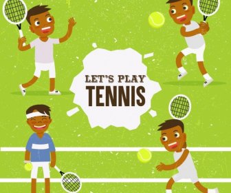 Tennis Banner Funny Player Icons Colored Cartoon Design