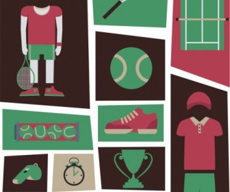 Tennis-Designelemente Grün-rotes Dekor Verschiedene Symbole