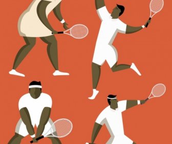 Tennis Players Icons Various Gestures Cartoon Characters