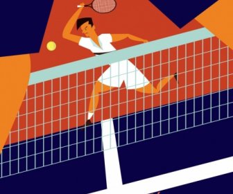 Tennis Poster Player Net Court Icons Colored Cartoon