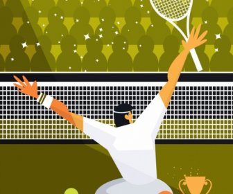 Tennis Tournament Banner Champion Cup Icons Cartoon Character