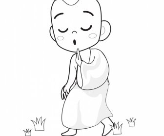 Monge Budista Tailandês ícone Dinâmico Andando Esboço De Personagem De Desenho Animado