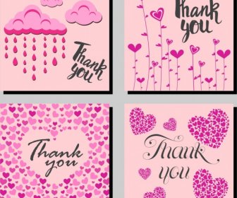 Thanking Card Templates Hearts Cloud Icons Pink Design