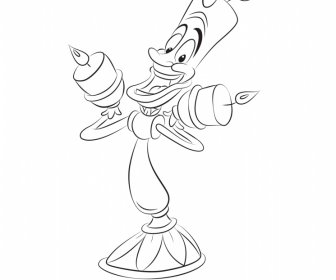 The Lamp Lumiere Outline In Beauty And The Beast 1991 Icon Black White Dynamic Cartoon Character Sketch