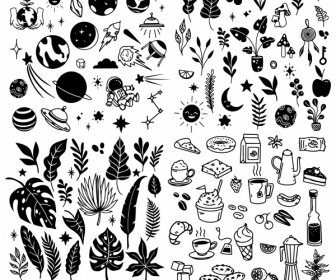Things Icons Collection Black White Classic Handdrawn Sketch