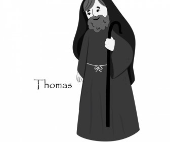Thomas Christian Apostle Ikon Hitam Putih Garis Besar Karakter Kartun Vintage