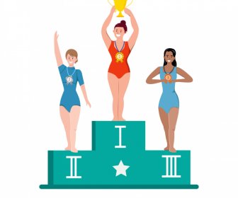 Tiga Atlet Wanita Dengan Gambar Vektor Trofi Dan Medali