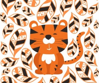 Tygrys Rysunek Słodki Kreskówka Projektowania Dekoracji Spadające Liście