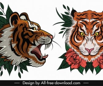 호랑이 얼굴 템플릿 폭력적인 스케치 플로라 잎 장식