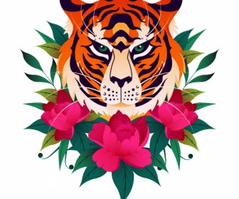 Tiger Flora Painting Colorful Classical Sketch