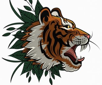 Tiger Head Icon Classical Design Leaves Decor