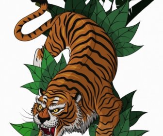 Tiger Icon Hunting Gesture Sketch Colored Cartoon Design
