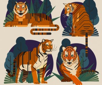 Icônes De Tigre Design Coloré Classique