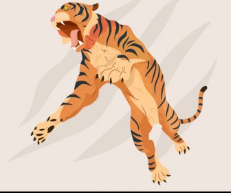 Ikon Harimau Dinamis Berburu Sketsa Handdrawn Kartun