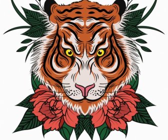 虎の絵画、顔、花、葉、装飾、古典的なデザイン