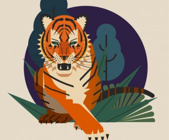 老虎画狩猎素描彩色古典设计