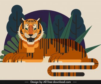 Tiger Painting Lying Sketch Classical Flat Design