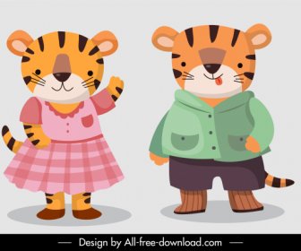 Tiger Charaktere Symbole Stilisierte Design Zeichentrickfiguren
