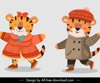 Tiger Icons Niedliche Skizze Stilisierte Zeichentrickfiguren
