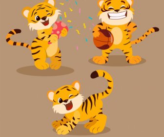 Tigers Icons Playful Gestures Stylized Cartoon Sketch