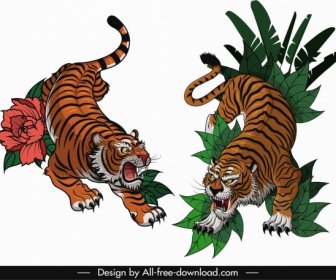 Tigres ícones Emoção Violenta Esboço Colorido Design Clássico