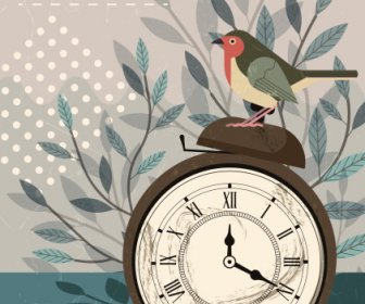 Time Background Vintage Design Clock Bird Decor