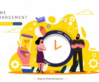 Time Management Banner Human Clock Business Elements Sketch